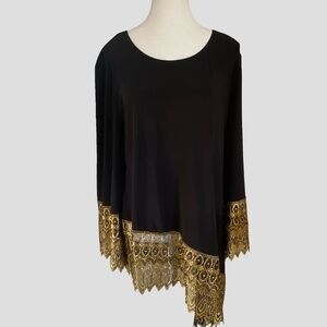Tiana B. Vintage Black Gold Lace Stretch Holiday Party Festive Top- USA- Sz-L